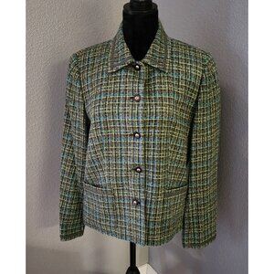 JM Collection‎ Womens Tweed Button-Up Blazer Size 12 Green Blue Pockets Lined
